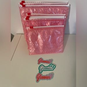 Glossier Pink Pouches- 3 large, 4 small + 3 stickers